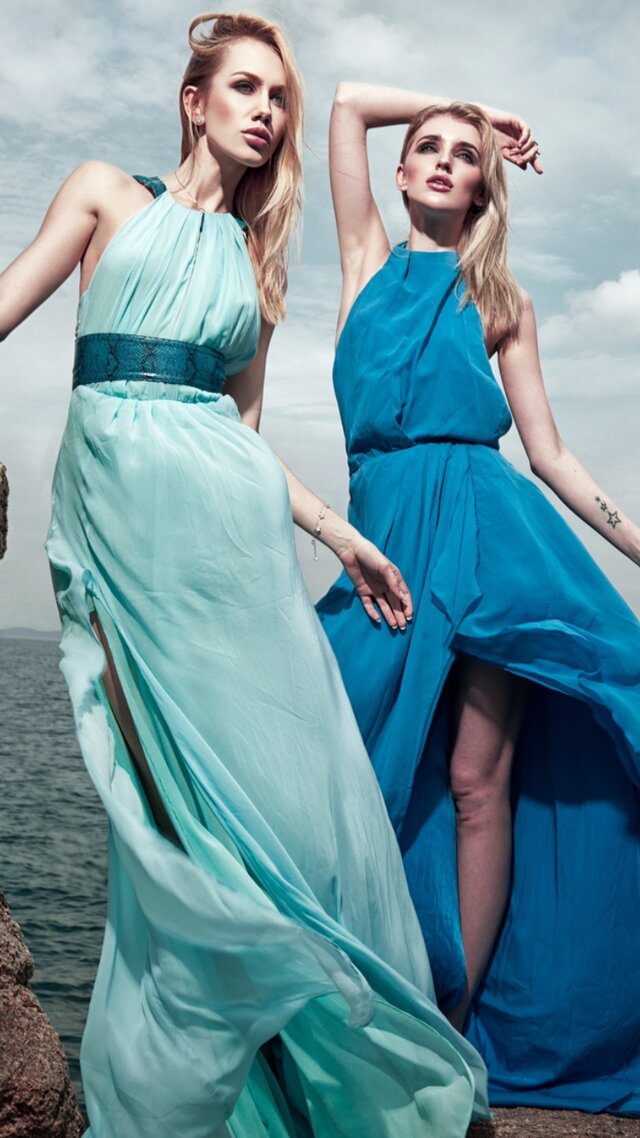 Fashion model, Clothing, Aqua, Shoulder, Dress, Blue, Turquoise, Formal wear, Gown, Beauty